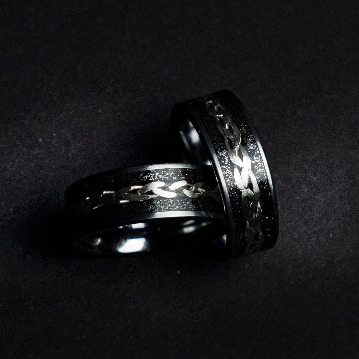 Tungsten viking ring with meteorite and silver wire