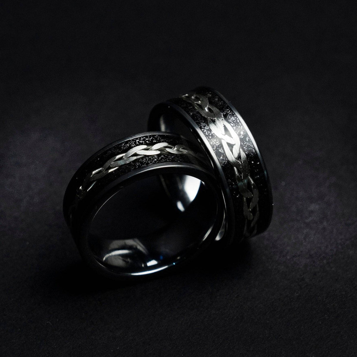 Tungsten viking ring with meteorite and silver wire