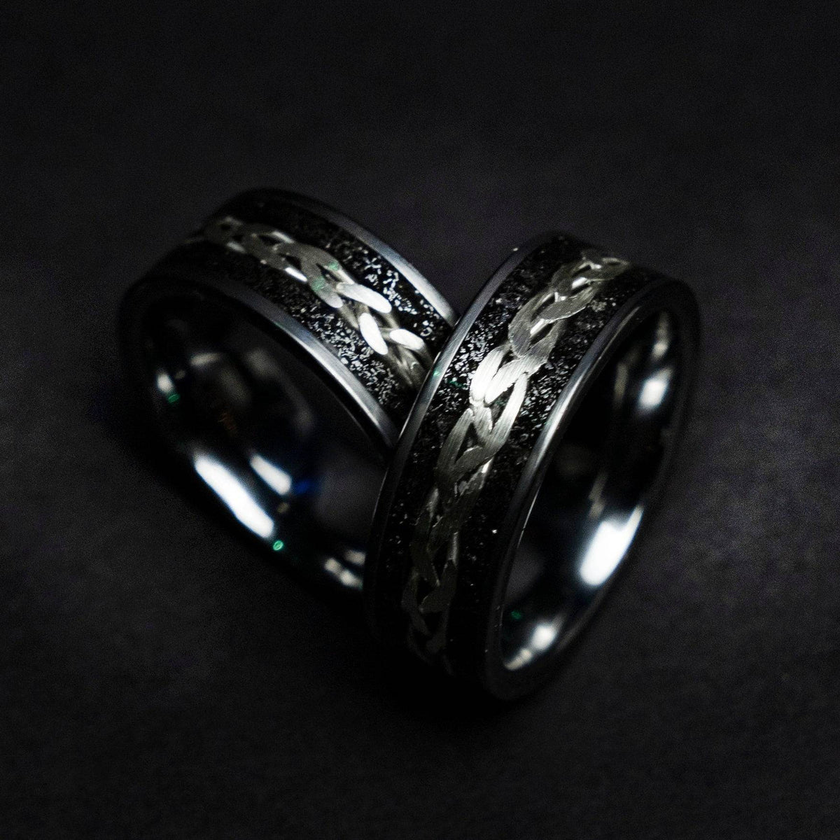 Tungsten viking ring with meteorite and silver wire