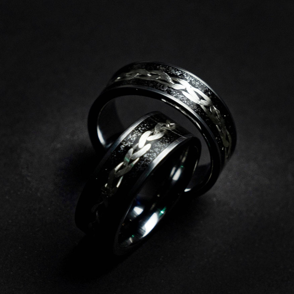 Tungsten viking ring with meteorite and silver wire
