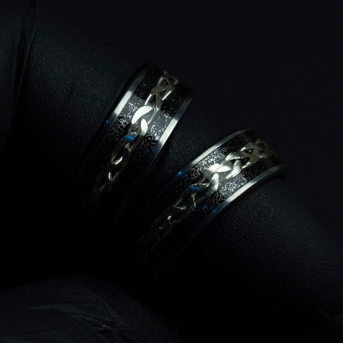 Tungsten viking ring with meteorite and silver wire