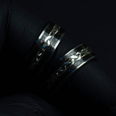 Tungsten viking ring with meteorite and silver wire