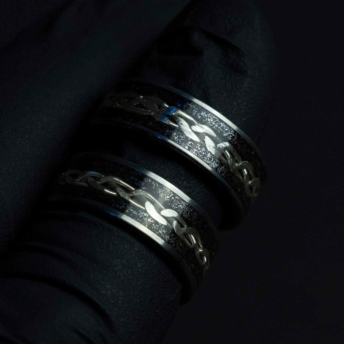 Tungsten viking ring with meteorite and silver wire