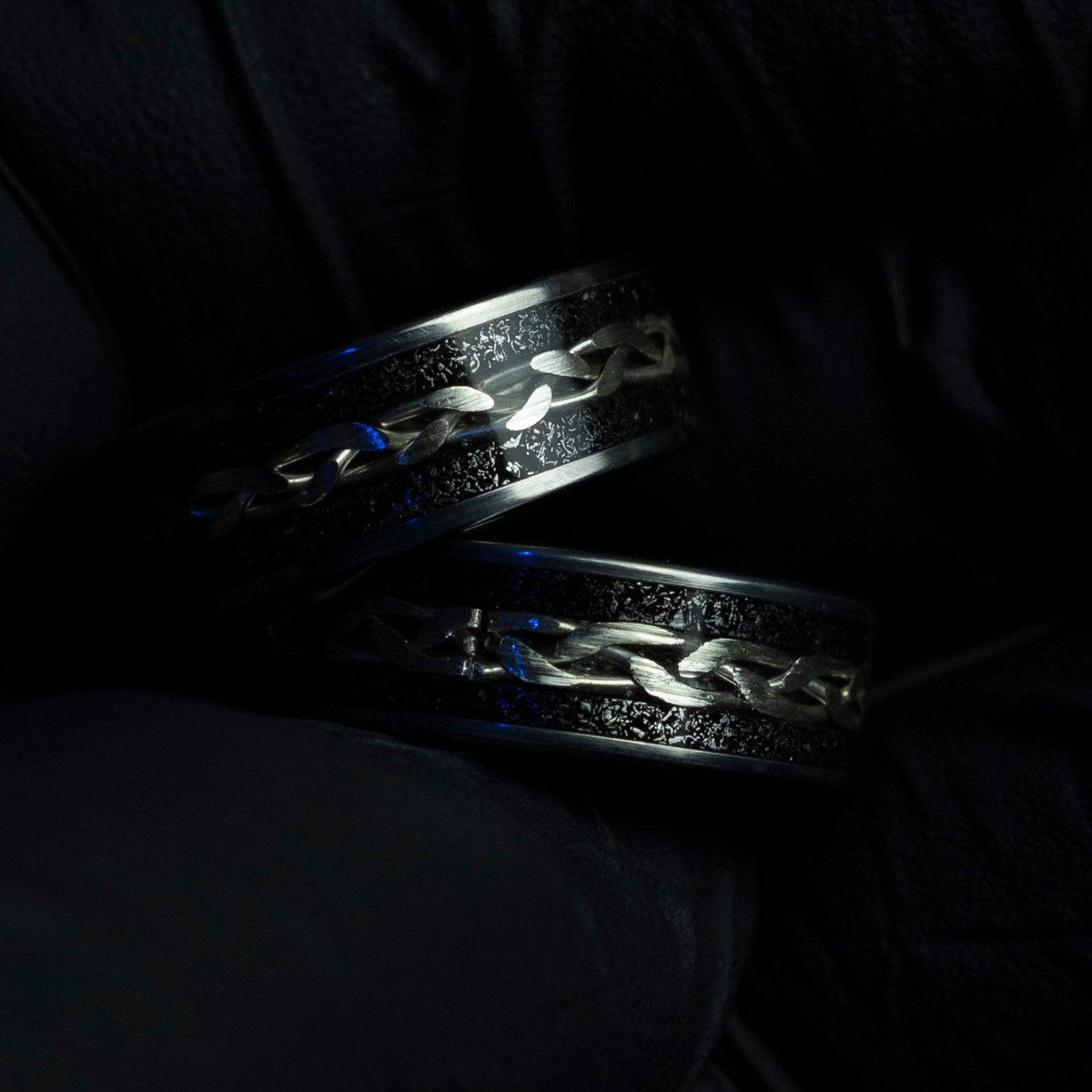 Tungsten viking ring with meteorite and silver wire