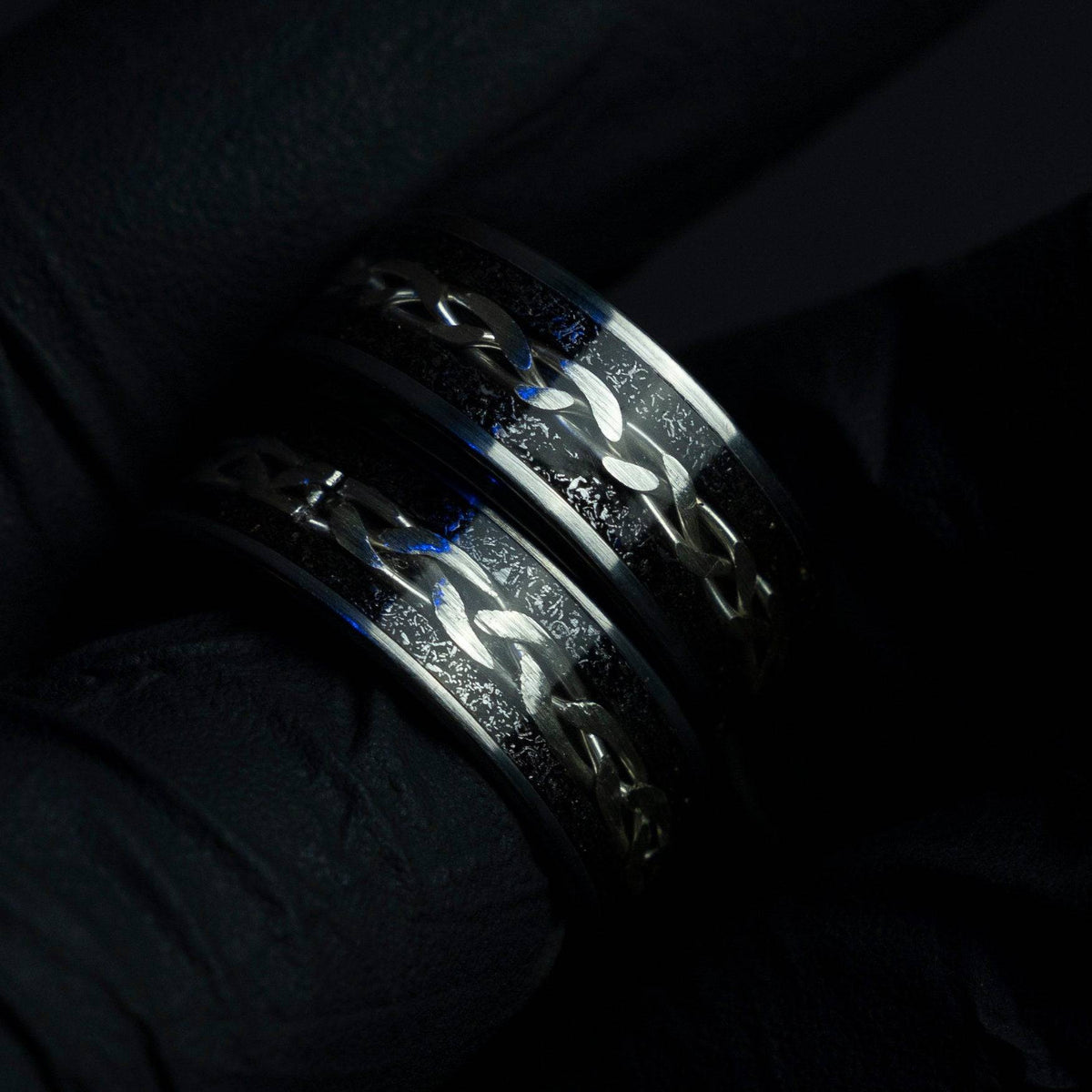 Tungsten viking ring with meteorite and silver wire