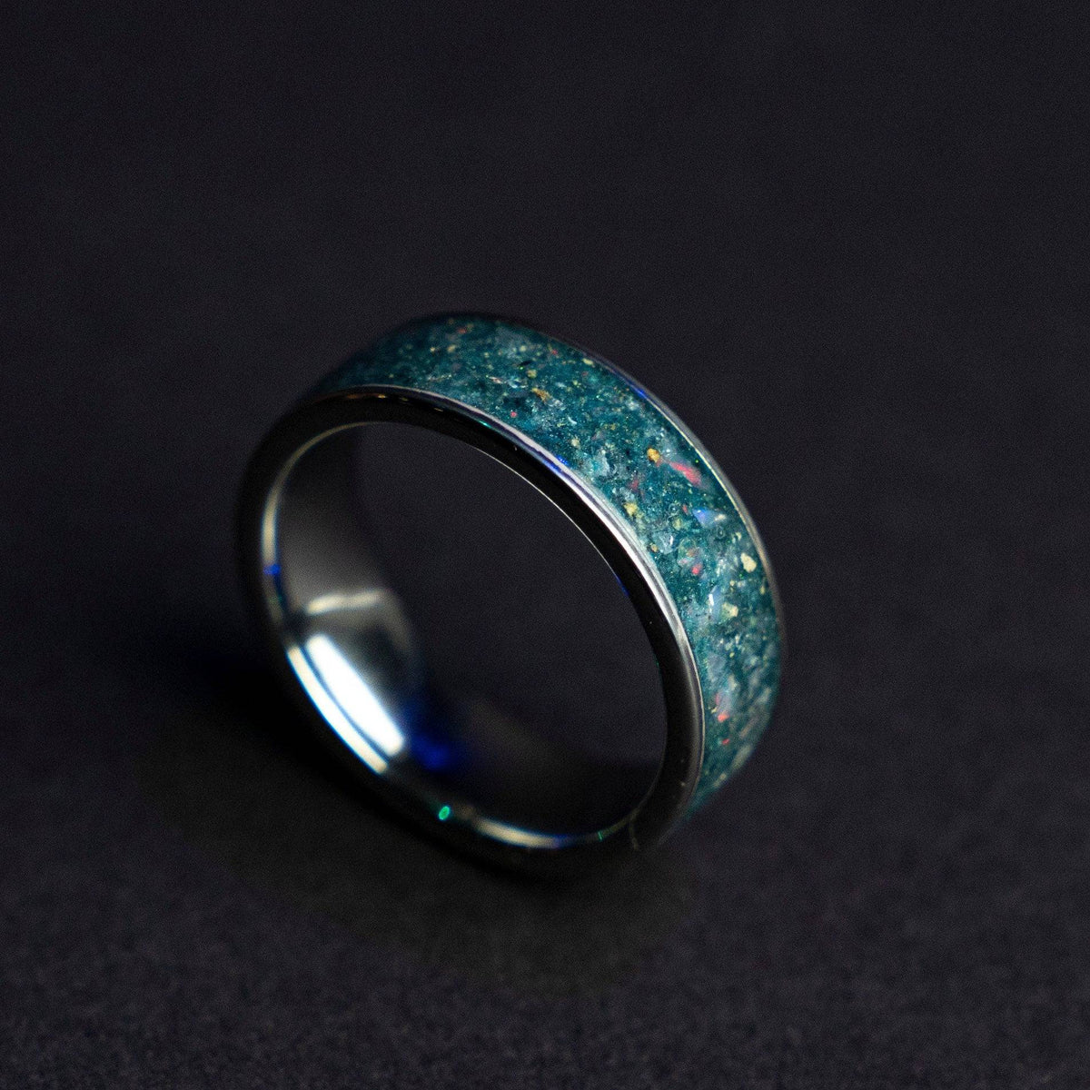 Wide tungsten ring filled with Aquamarine