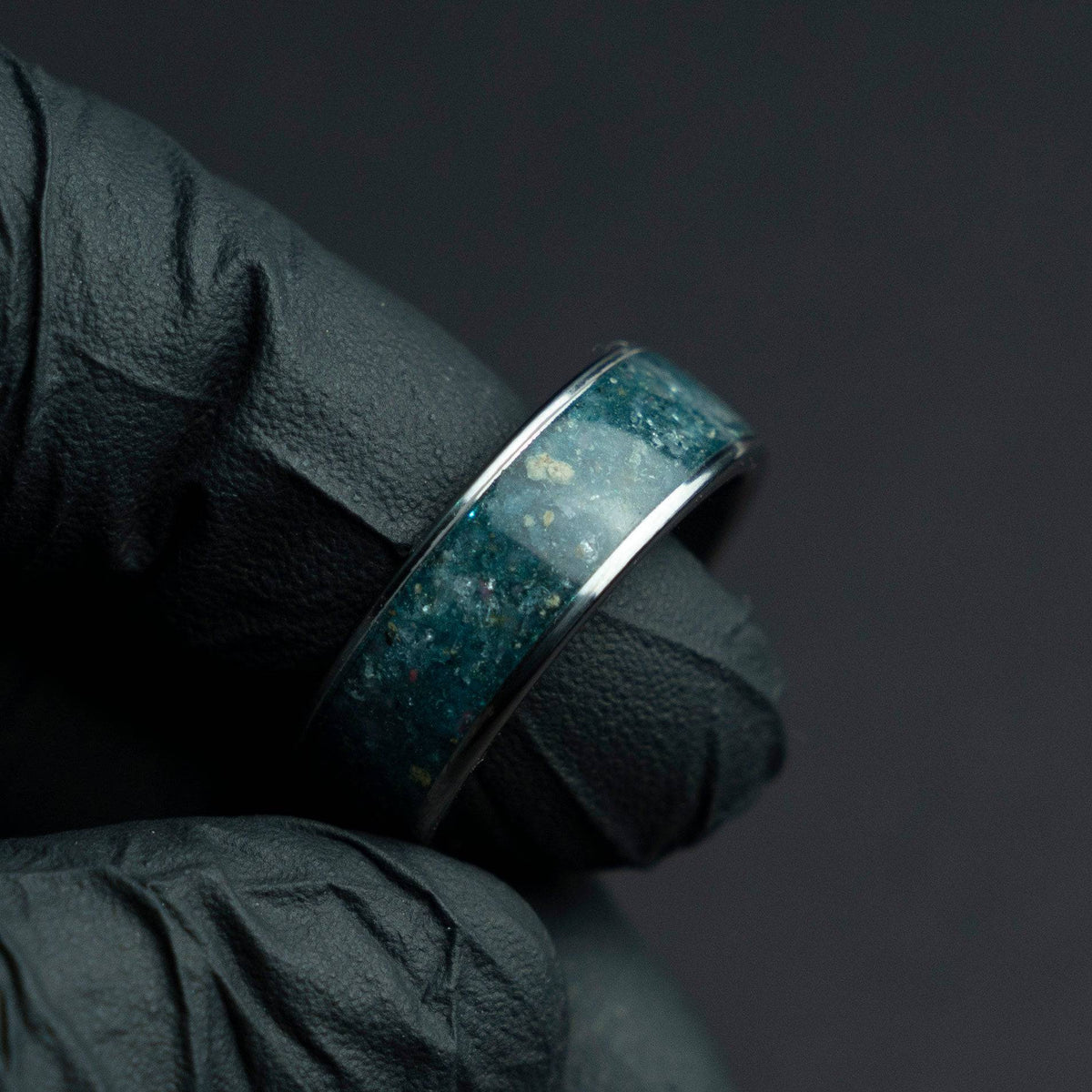 Wide tungsten ring filled with Aquamarine