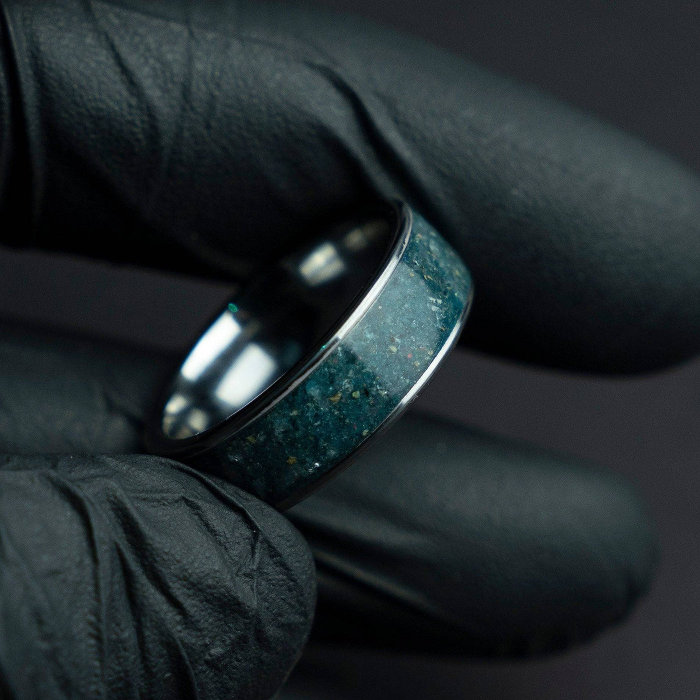 Wide tungsten ring filled with Aquamarine