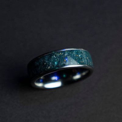 Wide tungsten ring filled with Aquamarine