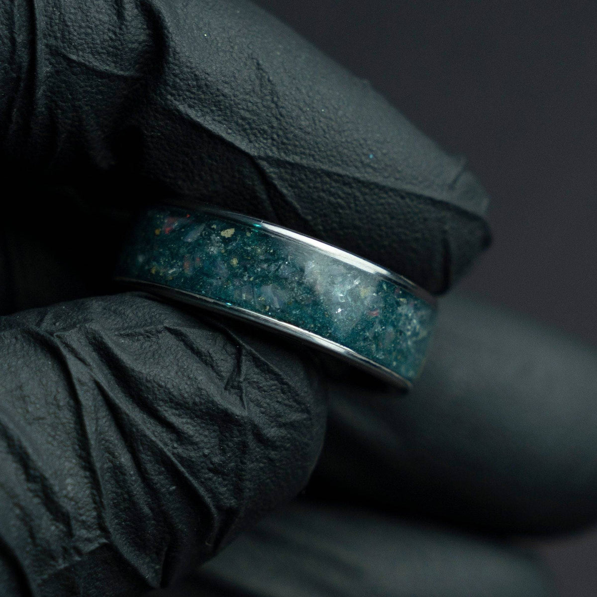 Wide tungsten ring filled with Aquamarine